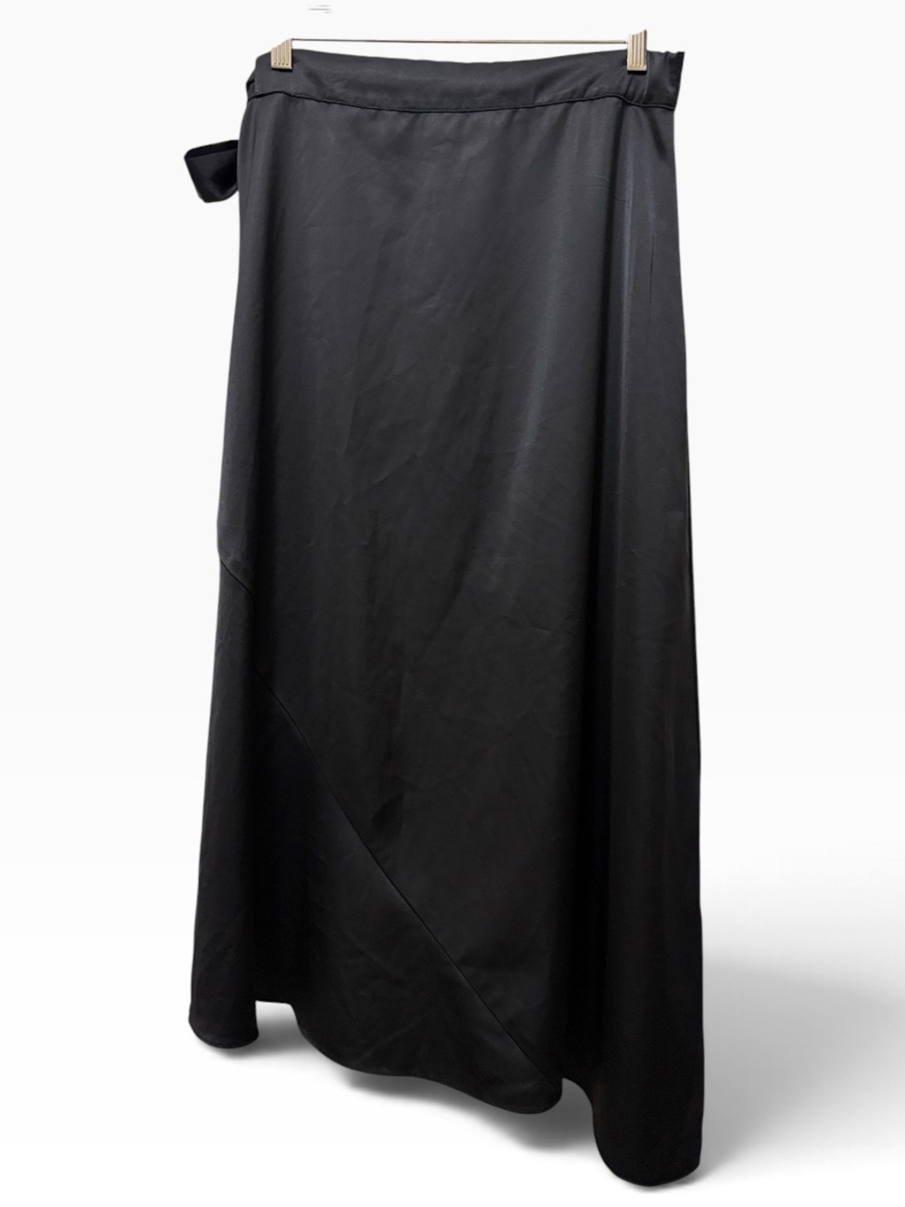 mi ami Black Satin Asymmetrical Midi Skirt with Side Tie Sz Large